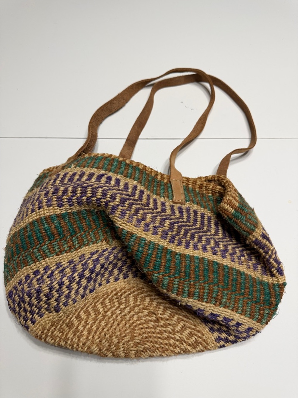 Woven Straw Tote Bag with Green & Purple Stripes